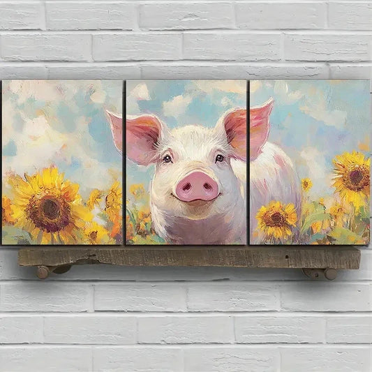 3pcs Sunflower Pigs in the Fields Wall Art Set Canvas Framed 40x60cm – High Quality Print 100% Australian Made Wall Canvas Ready to Hang - Bella Home Decor