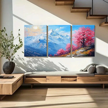 3pcs Mountain Landscape Pink Blossom Trees Metal Print Ready to Hang Art