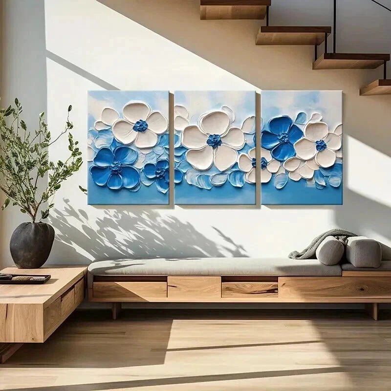 3pcs Abstract Elegant Blue & White Floral Wall Art Set Canvas Framed 40x60cm - High Quality Print 100% Australian Made Wall Canvas Ready to Hang