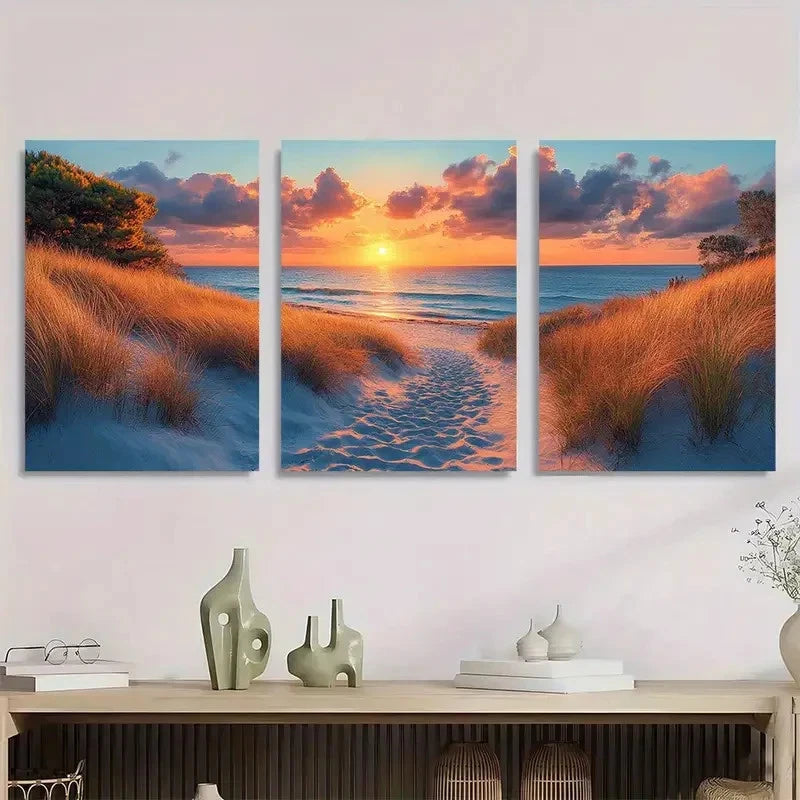 3pcs Ocean And Sun Coastal Scenery Beach Painting Metal Print Ready to Hang Art