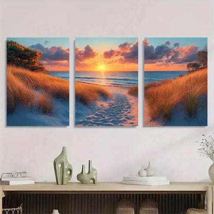 3pcs Ocean And Sun Coastal Scenery Beach Painting Metal Print Ready to Hang Art