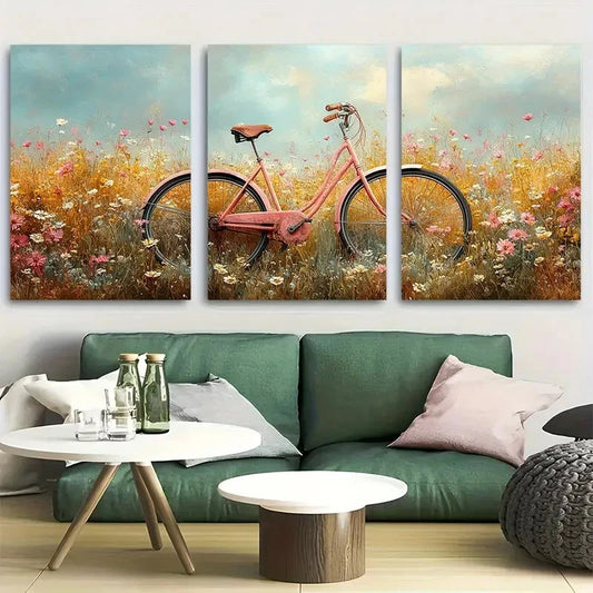 3pcs Vibrant  Bicycle in Meadow Design Metal Print Ready to Hang Art