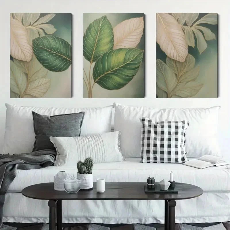 3pcs Abstract Leaves Green Tones Botanical Print Metal Print Ready to Hang Art