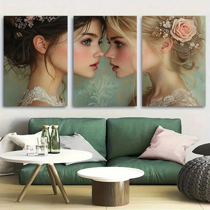 3pcs Victorian Elegance Two Women in Lace Embrace Metal Print Ready to Hang Art