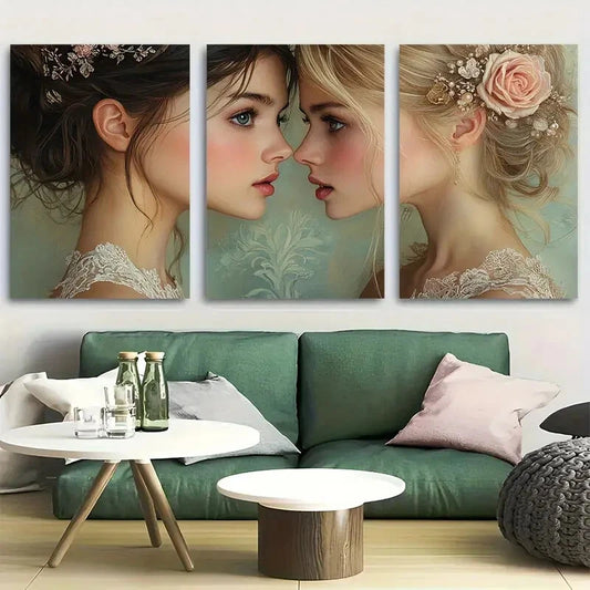 3pcs Victorian Elegance Two Women in Lace Embrace Metal Print Ready to Hang Art