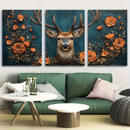 3pcs Deer Stag with Floral Background Metal Print Ready to Hang Art