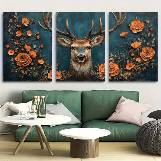 3pcs Deer Stag with Floral Background Metal Print Ready to Hang Art