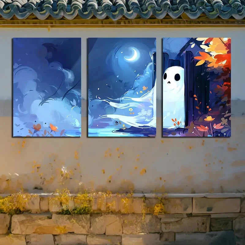 3pcs Ghost near the Lake with Moon View Metal Print Ready to Hang Art