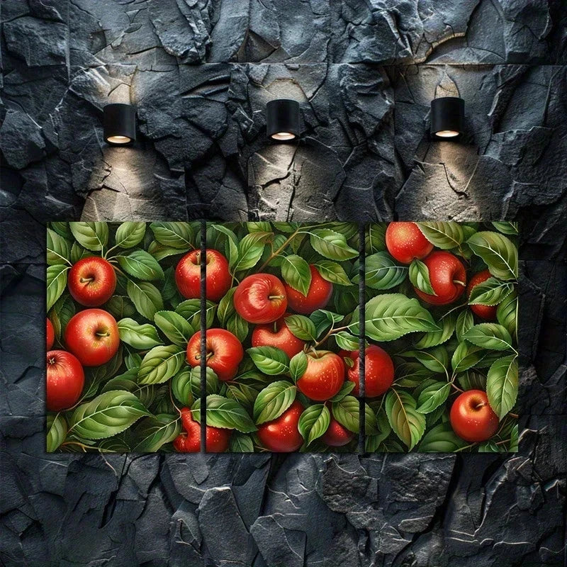 3pcs Charming Red Apple & Green Leaf Tree Metal Print Ready to Hang Art
