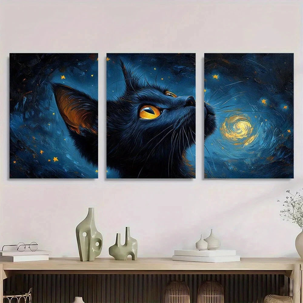 3pcs Gogh Starry Night Cat Stunning Golden Eyes Metal Print Ready to Hang Art