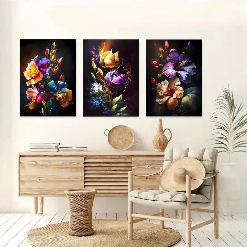 3pcs Colorful Floral Art Print Abstract Poster Metal Print Ready to Hang Art