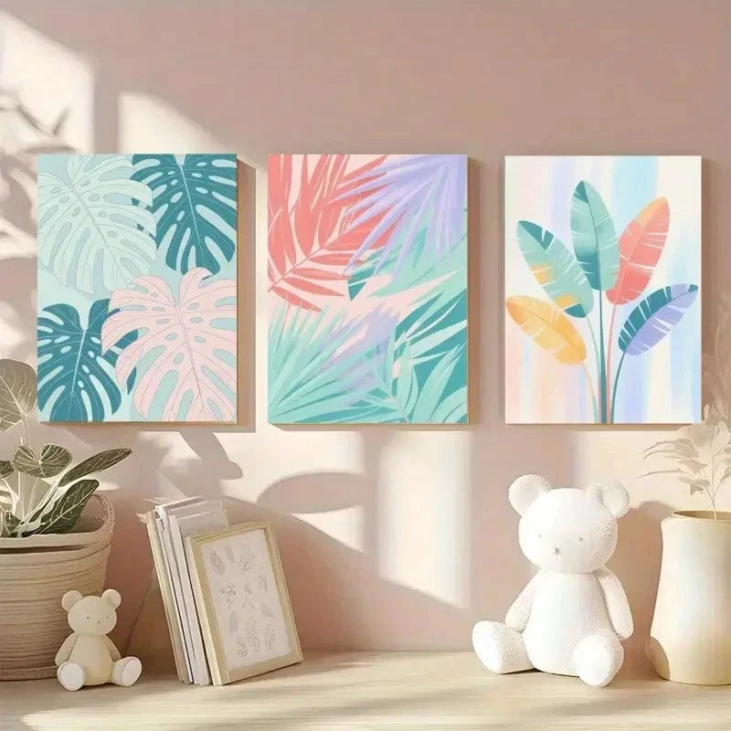 3pcs Pastel Botanical Prints in Blue Pink Green Metal Print Ready to Hang Art