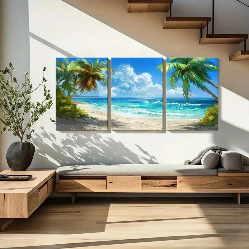 3pcs Natural Landscape Seaside Beach Coconut Metal Print Ready to Hang Art