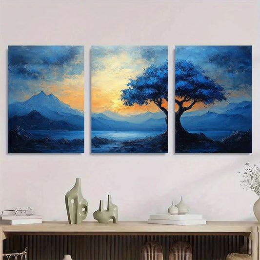 3pcs Mountains and Sunset Rustic Farmhouse Style Metal Print Ready to Hang Art