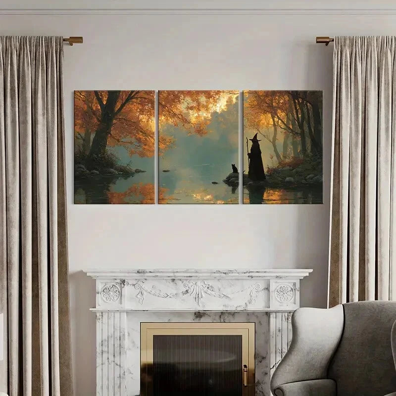 3pcs Autumn Witch Cat Magic River Landscape Metal Print Ready to Hang Art