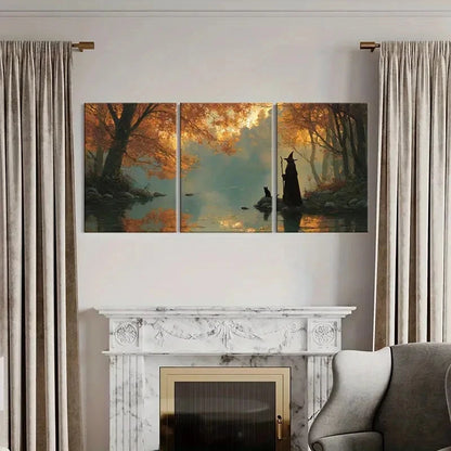 3pcs Autumn Witch Cat Magic River Landscape Metal Print Ready to Hang Art