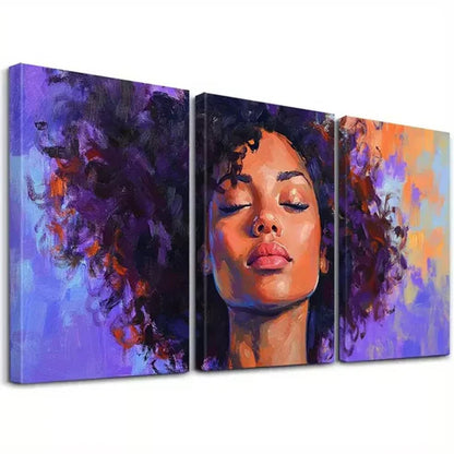 3pcs Vibrant Purple Hair & Expressive Face Wall Art Set Canvas Framed 60x90cm - High Quality Print 100% Australian Made Wall Canvas Ready to Hang