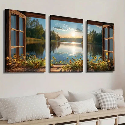 3pcs Flowers and Lake Scenery in the Sunset Wall Art Set Canvas Unframed - High Quality Print 100% Australian Made Wall Canvas