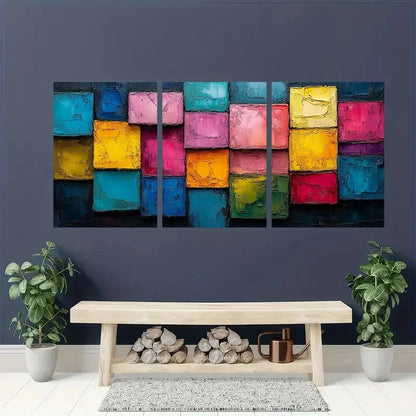 3pcs Abstract Colorful Block Oil Painting Metal Print Ready to Hang Art