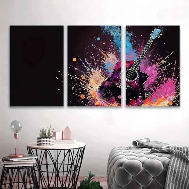 3pcs Vibrant Guitar Paint Splatter Wall Art Set Canvas Framed 50x70cm - High Quality Print 100% Australian Made Wall Canvas Ready to Hang