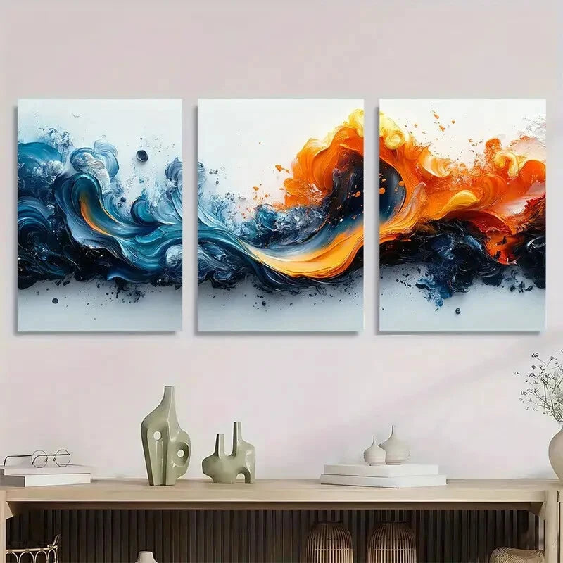 3pcs Abstract Colorful Blue Orange Graffiti White Metal Print Ready to Hang Art