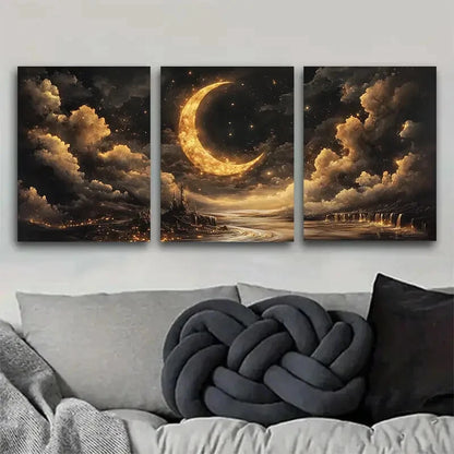 3pcs Mysterious Night Sky with Crescent Perfect Wall Art Set Canvas Framed 40x60cm - High Quality Print 100% Australian Made Wall Canvas Ready to Hang