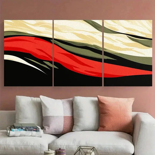 3pcs Red, Black, and Green Abstract Ocean Scene Metal Print Ready to Hang Art
