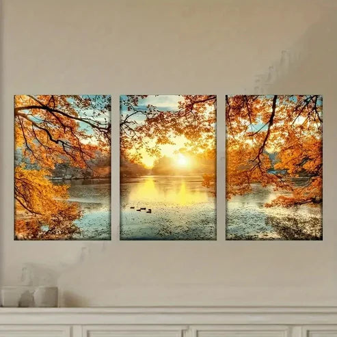 3pcs Autumn Sunset Lake Scene with Ducks Wall Art Set Canvas Unframed - High Quality Print 100% Australian Made Wall Canvas