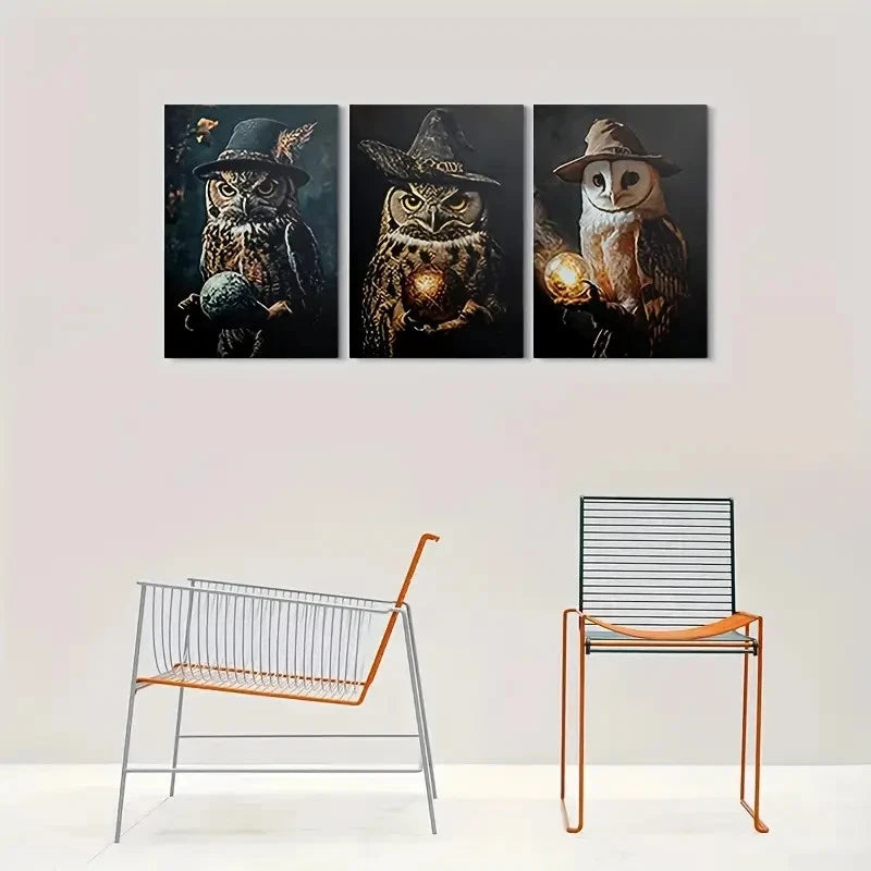 3pcs Whimsical Owl Fashionable Hat Metal Print Ready to Hang Art