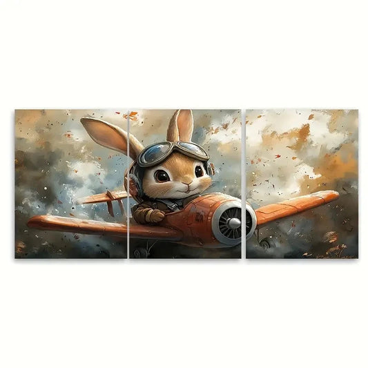 3pcs Cartoon Pilot Bunny Rabbit Plane Watercolour Metal Print Ready to Hang Art