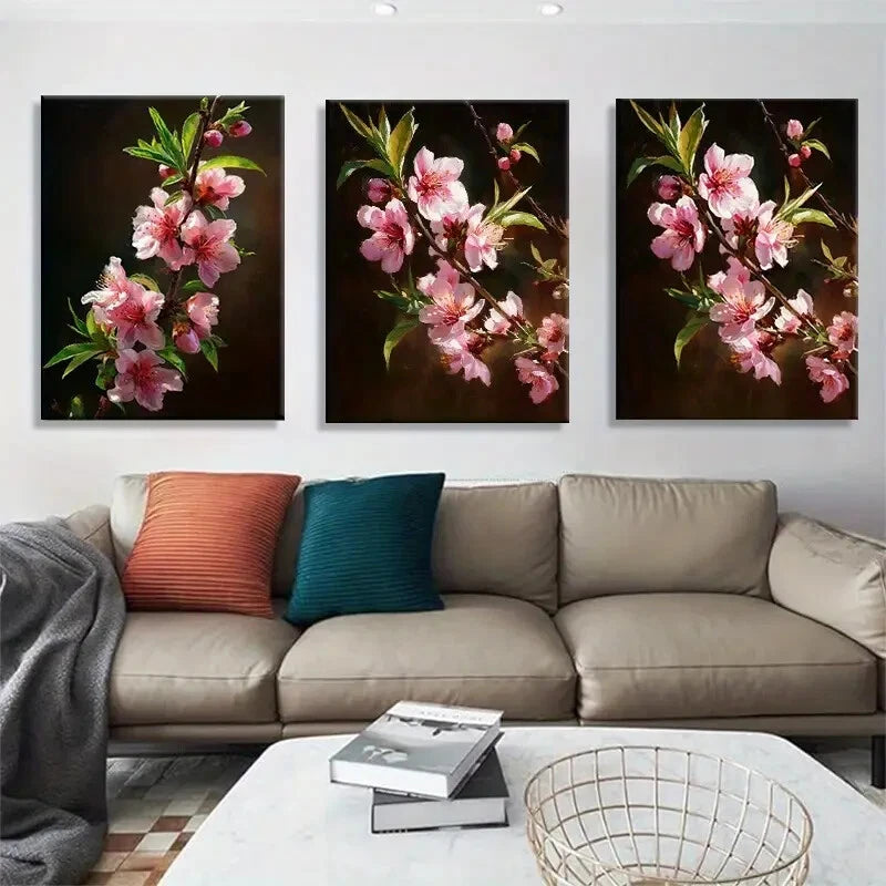3pcs Peach Blossom Pink Floral Botanical Metal Print Ready to Hang Art