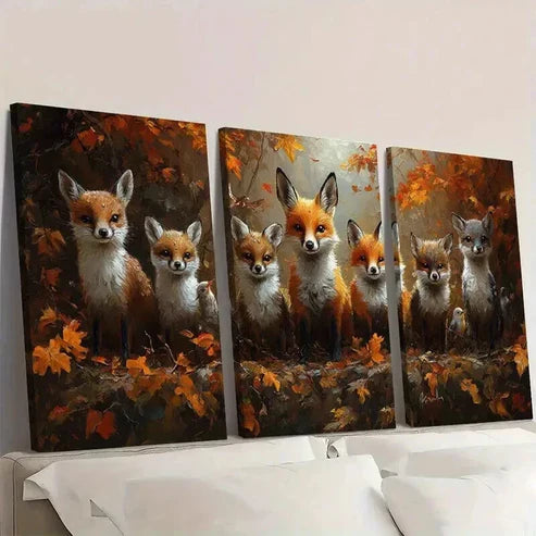 3pcs Fox Family in Vibrant Autumn Forest Wall Art Canvas Unframed - High Quality Print 100% Australian Made Wall Canvas