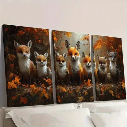 3pcs Fox Family in Vibrant Autumn Forest Wall Art Canvas Unframed - High Quality Print 100% Australian Made Wall Canvas