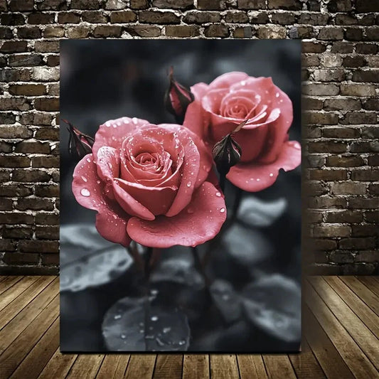 Stunning Pink Roses with Dewy Finish Painting 40x60cm Metal Print Ready to Hang