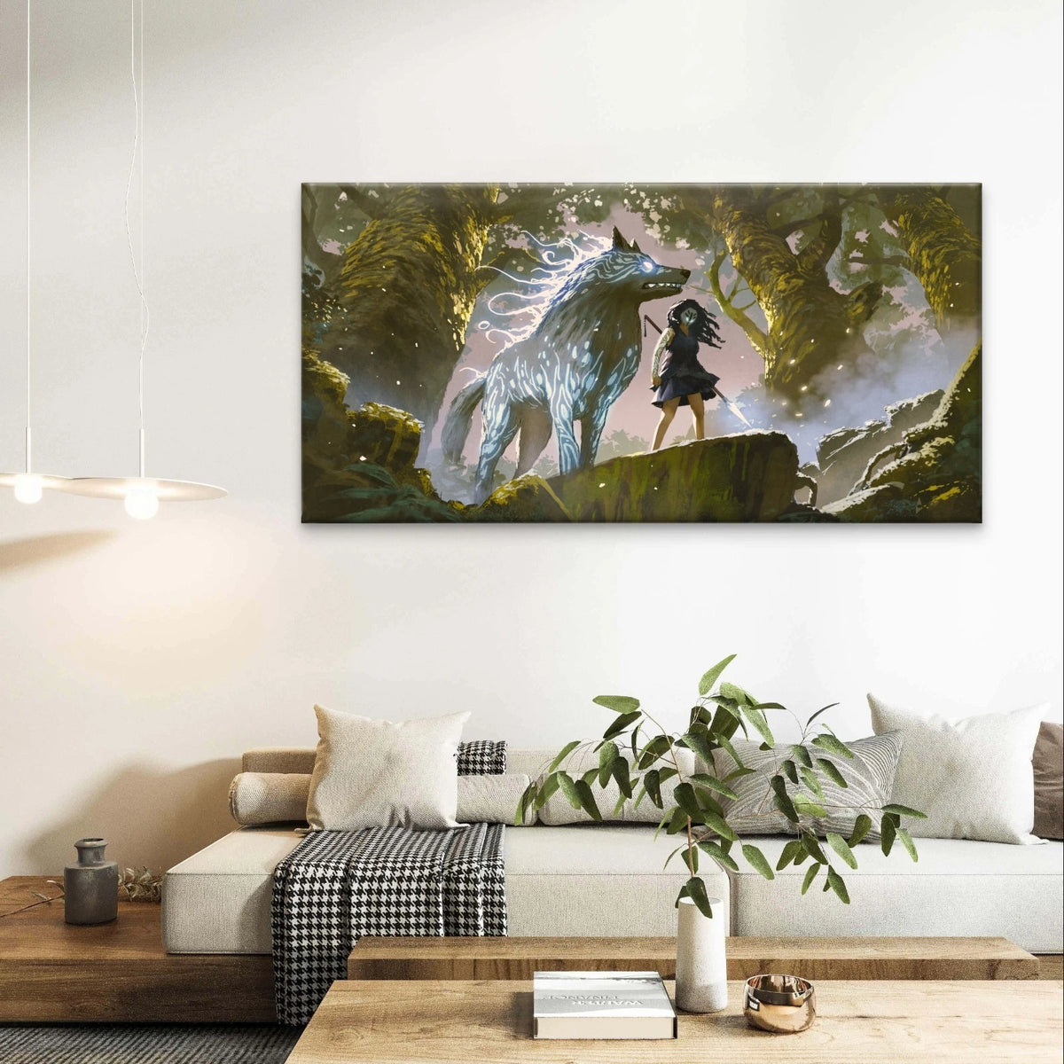 Fantasy Warrior Girl With Wolf Wall Art Canvas Office Home Framed 120x60cm