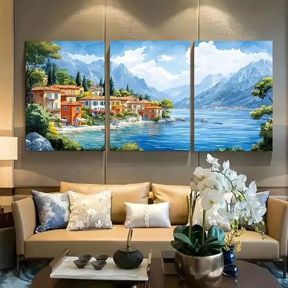 3pcs Coastal Mediterranean Seaside Village Metal Print Ready to Hang Art