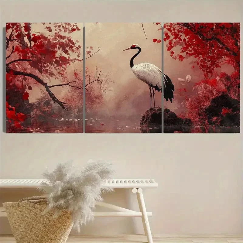 3pcs Oriental Crane Wall Art Set Canvas Framed 50x70cm - High Quality Print 100% Australian Made Wall Canvas Ready to Hang