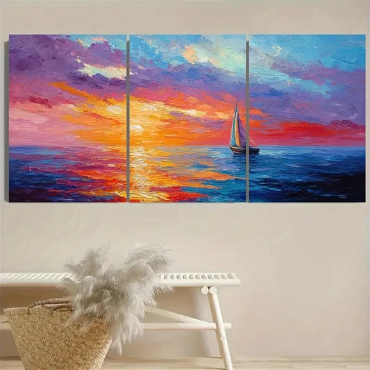 3pcs Colorful Vibrant Sunset Sailboat Wall Art Metal Print Ready to Hang Art
