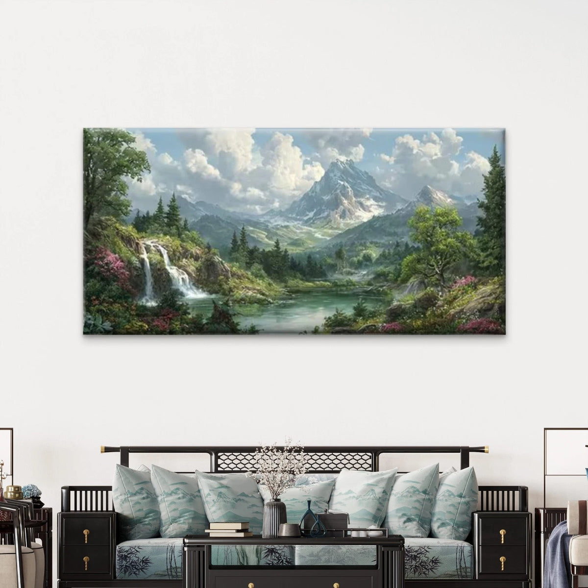 Floral Landscape with Mountains Wall Art Canvas Office Home Room Framed 120x60cm