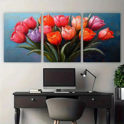 3pcs Impasto Flower Tulip Bouquet Vibrant Floral Wall Art Set Canvas Framed 40x60cm - High Quality Print 100% Australian Made Wall Canvas Ready to Hang