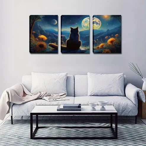 3pcs Black Cat Back, Moon, Wall Art Canvas Unframed - High Quality Print 100% Australian Made Wall Canvas