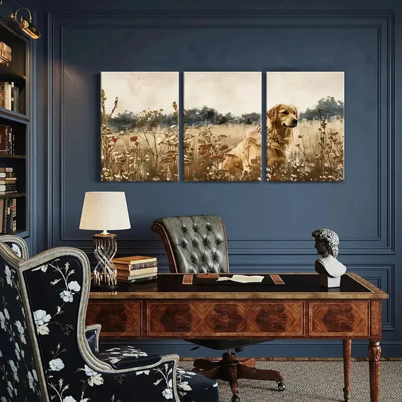 3pcs Golden Retriever Floral Garden Vintage Style Metal Print Ready to Hang Art