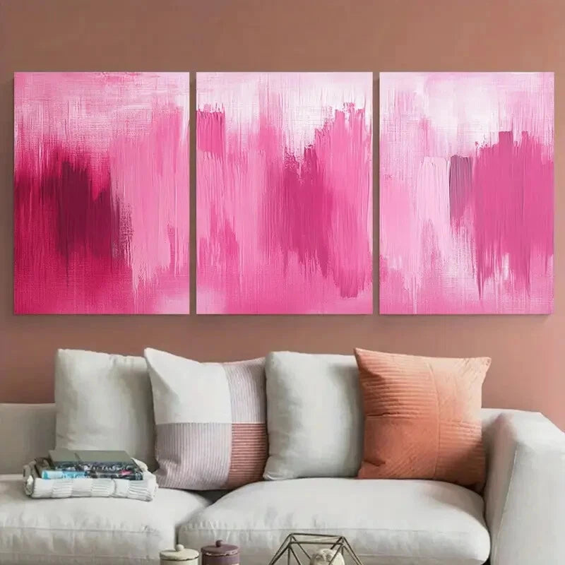 3pcs Vibrant Pink Abstract Brush Stroke Design Metal Print Ready to Hang Art