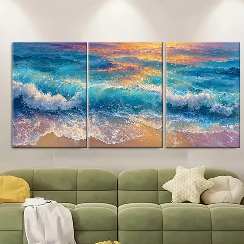 3pcs Golden Sea Sunset. Metal Print Ready to Hang Art