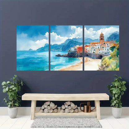 3pcs Atrani Italy Landscape Watercolor Triptych Metal Print Ready to Hang Art