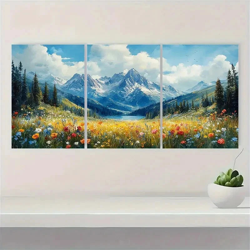 3pcs Mountain Landscape Meadow Painting Metal Print Ready to Hang Art