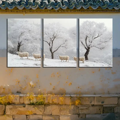3pcs Flock of Sheep in Snow Metal Print Ready to Hang Art