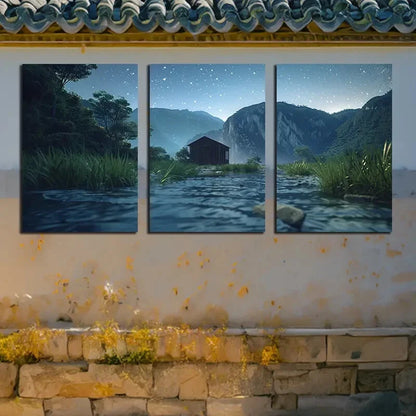 3pcs Rural Landscape Nocturnal Scene Metal Print Ready to Hang Art