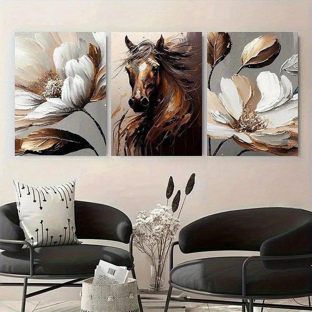 Three abstract art pieces of a horse and flowers on a wall above two black chairs.