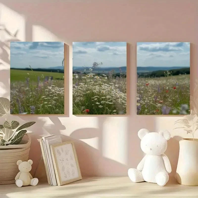 3pcs Wildflowers Meadow Landscape Painting Metal Print Ready to Hang Art